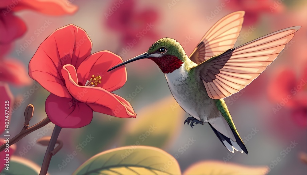 Naklejka premium Ruby Throated Hummingbird Feeding on Red Flower, Pixel Art Illustration