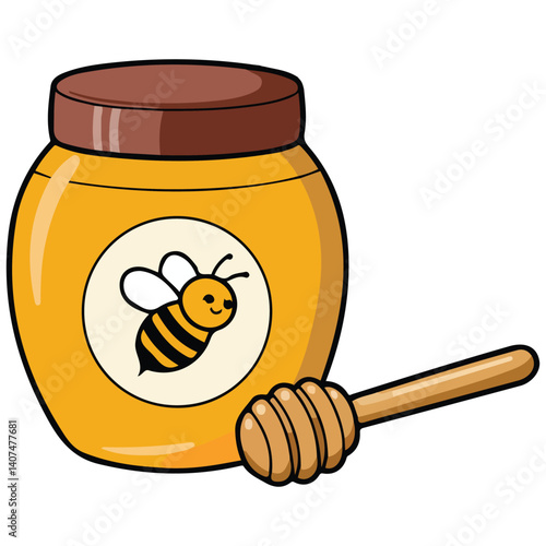 honey jar wooden dipper sweet isolated vector illustration on white background