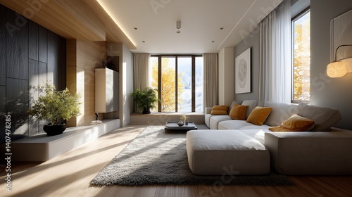 Modern living room with a large window, a sectional sofa and a coffee table