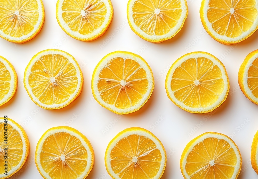 Freshly Sliced Bright Yellow Lemons Arranged in a Neat Pattern on a Light Background for Culinary and Health Related Use Freshly Sliced Bright Yellow Lemons Arranged in a Neat Pattern on a Light Background for Culinary and Health Related Use
