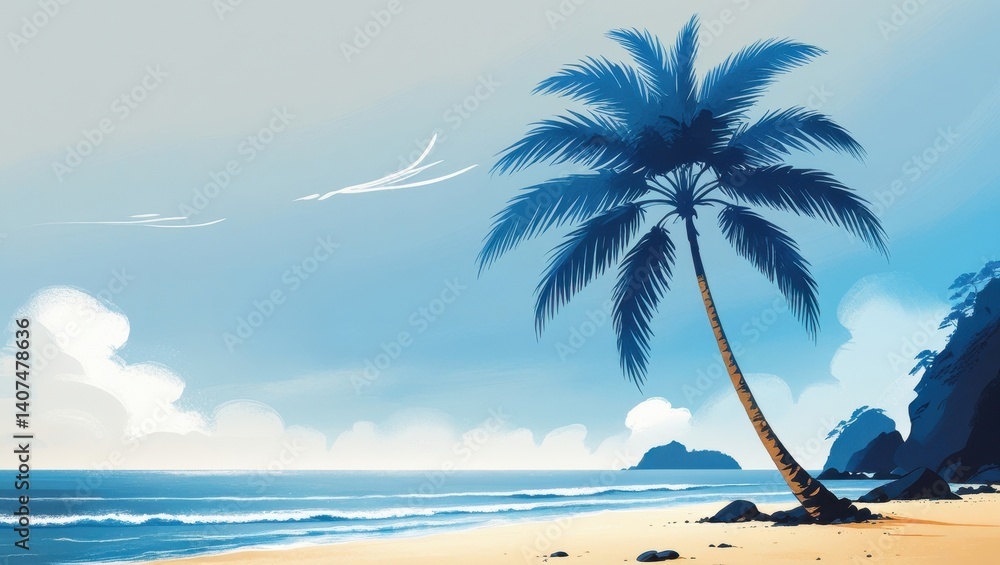Obraz premium Serene Tropical Beach Scene Palm Tree Ocean Waves and Sandy Shore