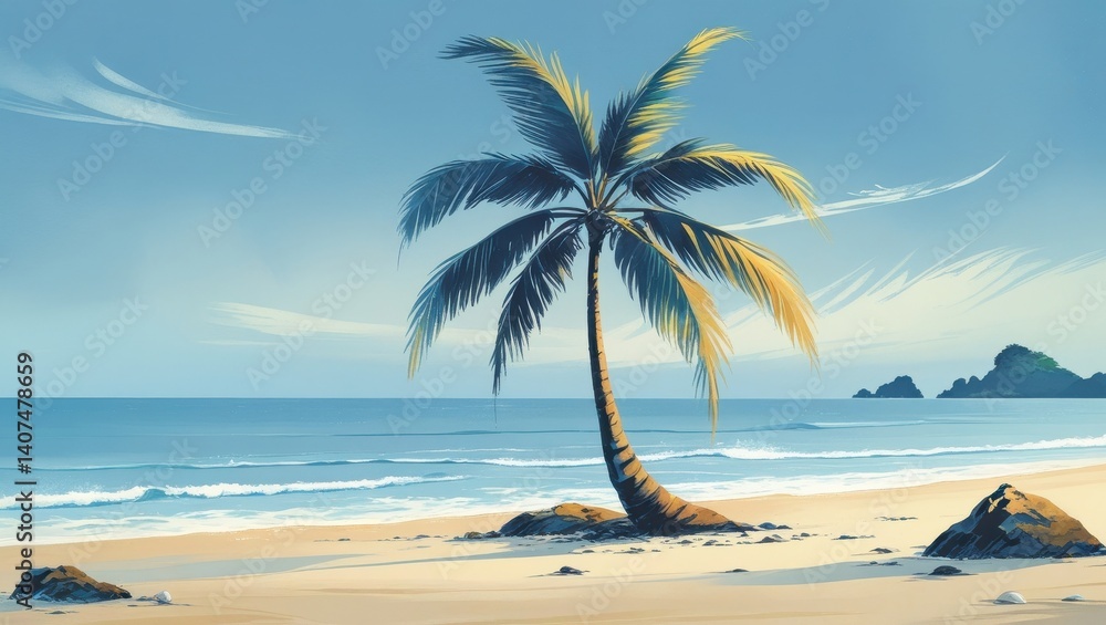 Obraz premium Serene Tropical Beach Scene Palm Tree Ocean Waves Sandy Shore Island Vista