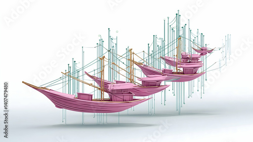 Pink stylized boats floating, connected by abstract lines against white