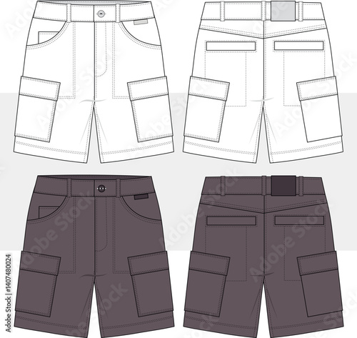 Men's cargo shorts active wear technical fashion Illustration, vector.  Men's Short Pants  flat technical drawing template, pockets, front and back view, unisex CAD, mockup.