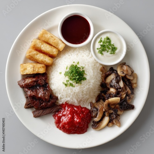 Multicultural fusion food plate, visually styled with global ingredients