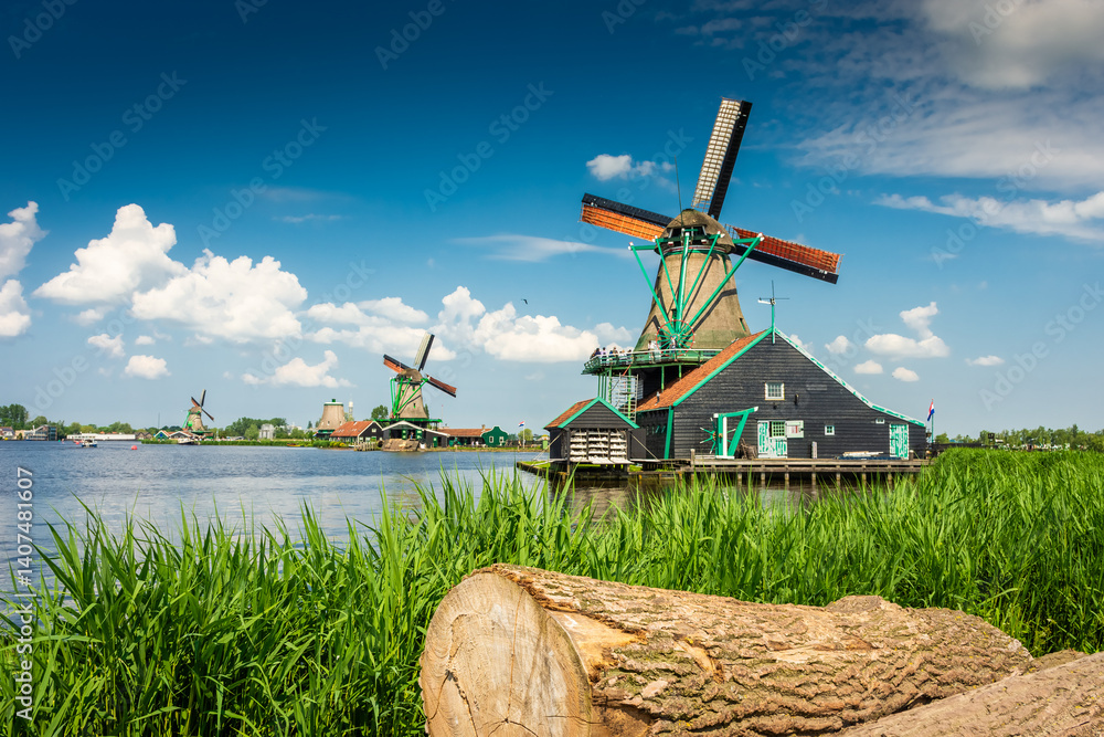 Beautiful windmills in the countryside area of Zaanse Schans, Netherlands