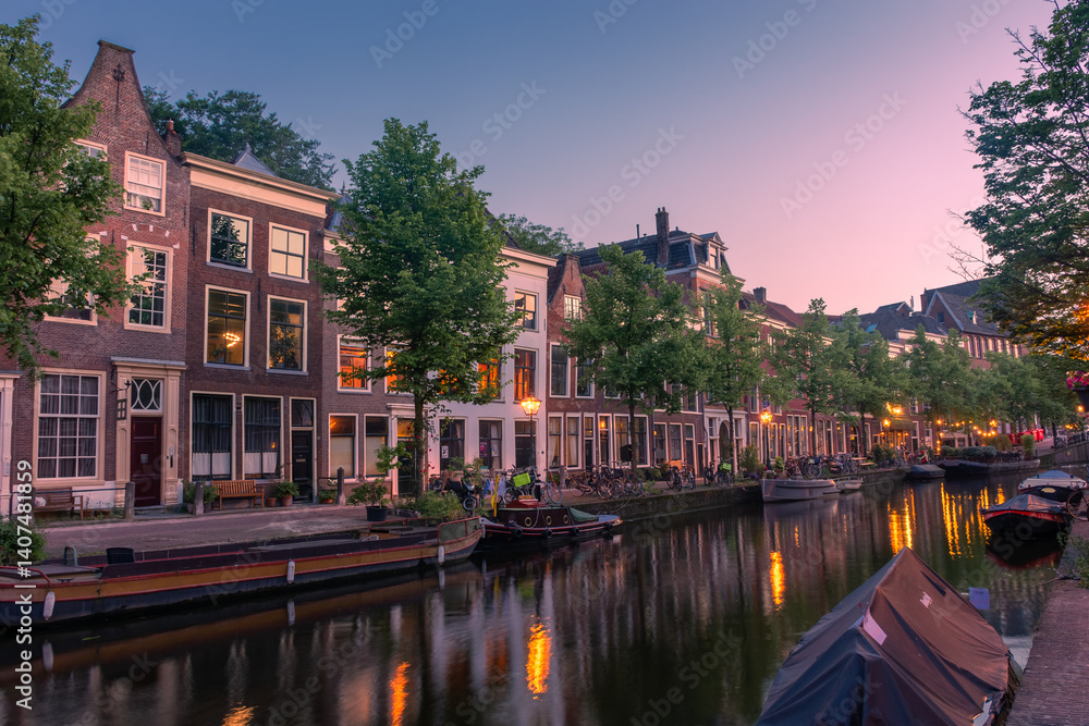Leiden, Netherlands, sunset over the beautiful canals