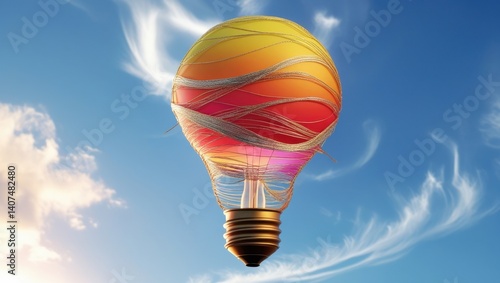 Colorful Lightbulb Hot Air Balloon Soaring in a Blue Sky with Clouds Creative Idea Concept