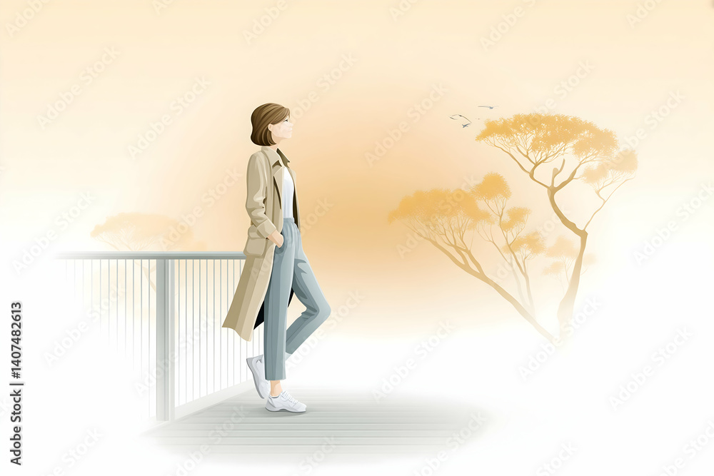 Woman in trench coat contemplates scenic autumnal view from a balcony Woman in trench coat contemplates scenic autumnal view from a balcony