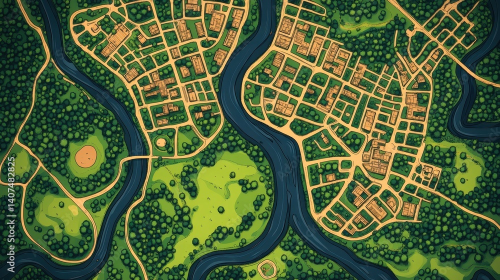 Obraz premium Colorful illustrated map of lush green landscape with winding river and rural village