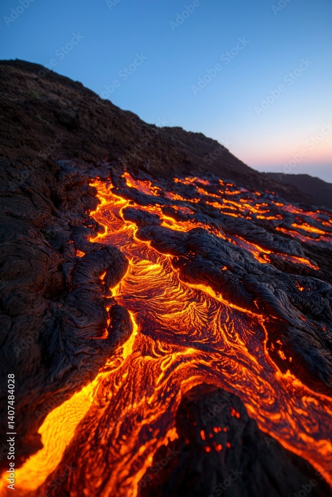 Fototapeta premium Flowing Lava Cascade Molten Stream on Volcanic Slope during Nighttime