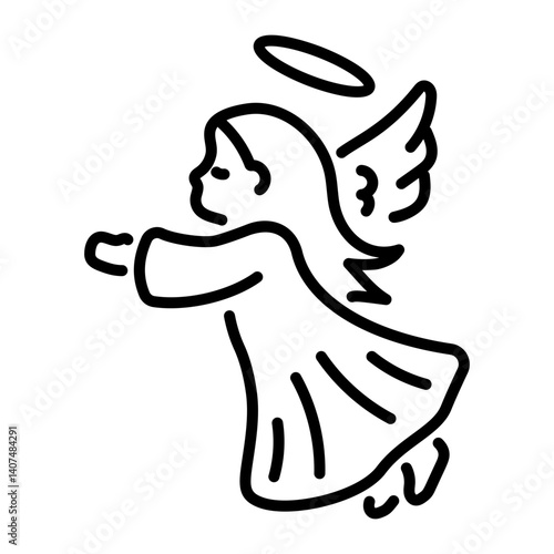A linear style icon of an angel character 