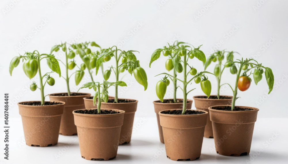 Growing tomato plants in pots with green fruits Growing tomato plants in pots with green fruits