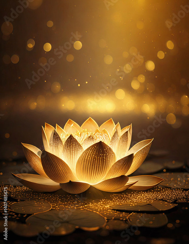 A lotus flower blooming under golden sparkling lights