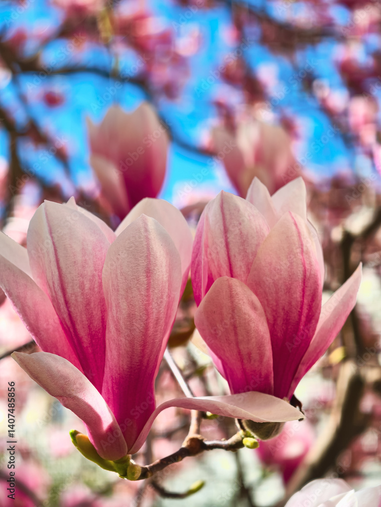 Experience the Beauty of Pink Magnolia Blossoms in Full Bloom: Captivating Close-Up of Elegant Spring Flowers with Vibrant Petals. Perfect for Nature Lovers. Experience the Beauty of Pink Magnolia Blossoms in Full Bloom: Captivating Close-Up of Elegant Spring Flowers with Vibrant Petals. Perfect for Nature Lovers.