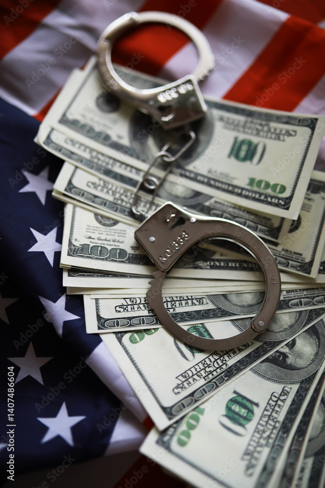 Handcuffs and US Dollars on American Flag Symbolizing Crime and Financial Issues Handcuffs and US Dollars on American Flag Symbolizing Crime and Financial Issues