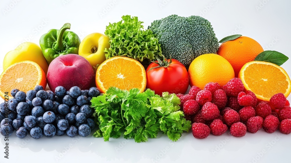 Vibrant assortment of fresh fruits and vegetables on white background Vibrant assortment of fresh fruits and vegetables on white background