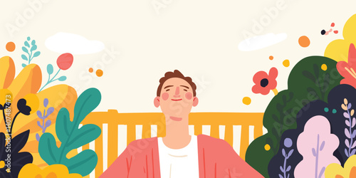 A person breathes deeply, basking in the revitalizing essence of nature, as a stunning garden stretches towards the sky. 
