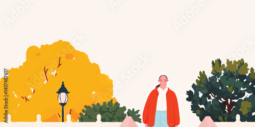 A serene autumn scene of an person enjoying a peaceful walk, under a sunlit canopy of a golden autumn tree. Captured in a charming illustration, invoking the essence of tranquility.