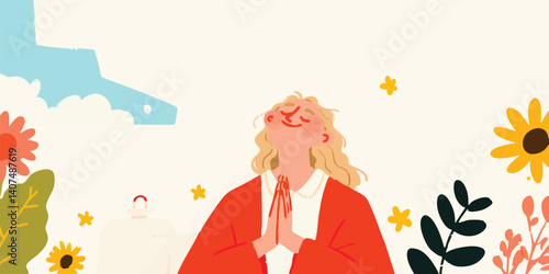 A woman stands in peaceful contemplation, surrounded by a soft, gentle palette of flowers, embracing a moment of serenity and happiness. Her face is lit by the gentle light.