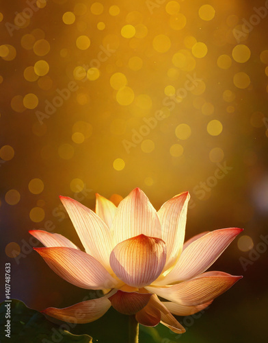 A lotus flower blooming under golden sparkling lights