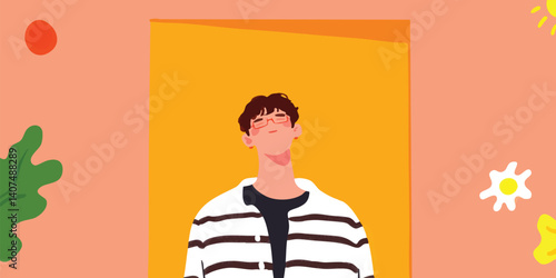 A trendy young individual, captured in a stylized illustration, posing with fashionable attire against a modern graphic backdrop.