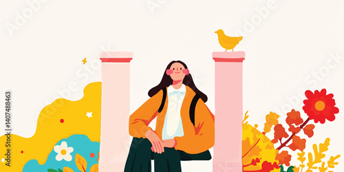 A serene young woman gazes upward, absorbed in thought, amidst a stylized illustration of pillars, plants, and a cheerful bird.