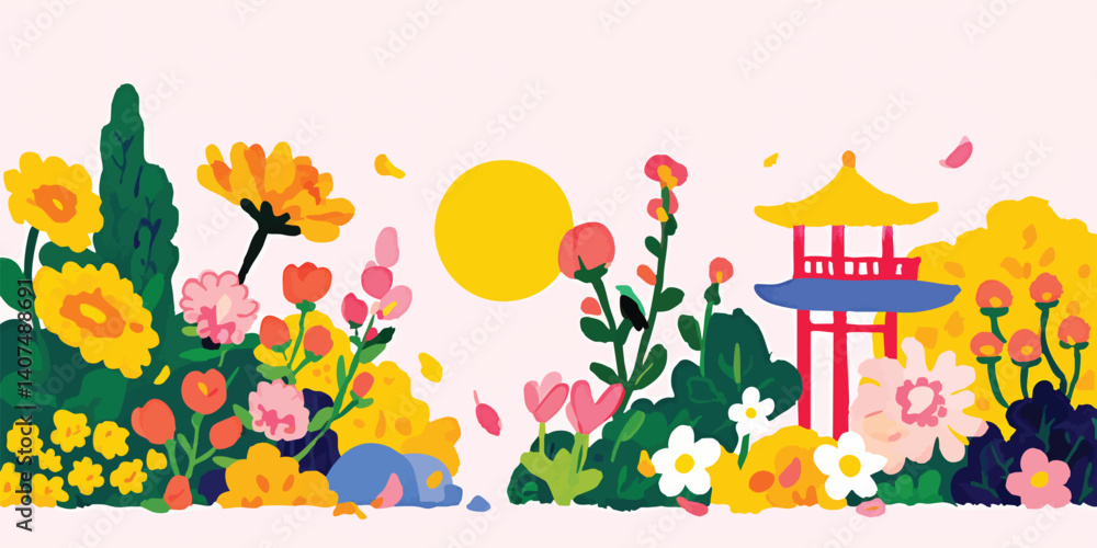 Obraz premium A serene garden scene with a pagoda, sun, and colorful blossoms, evokes a sense of peace, tranquility, and the beauty of nature.