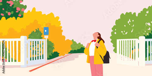 A young woman stands at a bus stop, lost in contemplation with a wistful expression, surrounded by the vibrant colors of autumn.