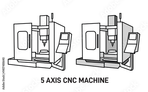 CNC Machine Outline Vector Concept Illustration. 5 Axis Milling Machine for Metal Working Business Illustration Black and White