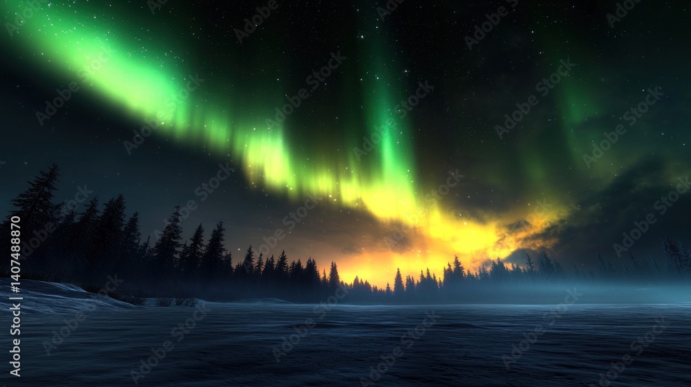 Naklejka premium Aurora borealis over snowy forest at dawn