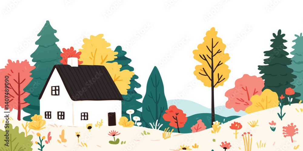 Obraz premium A cozy cottage nestled amidst a vibrant autumnal landscape, exuding a sense of peace and tranquility.