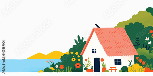 An idyllic countryside scene, with an inviting cottage nestled against lush greenery. the warm and welcoming atmosphere.