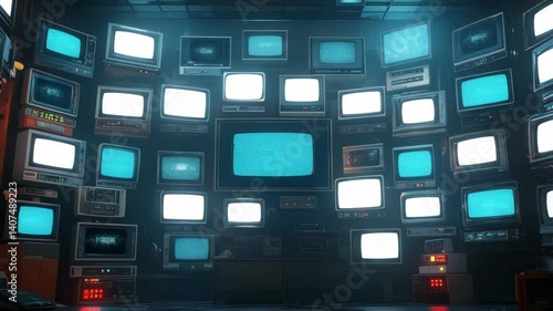 Retrofuturistic media center with a wall of vintage tv sets displaying a synchronized fragmented image each screen showcases a different era of television history
