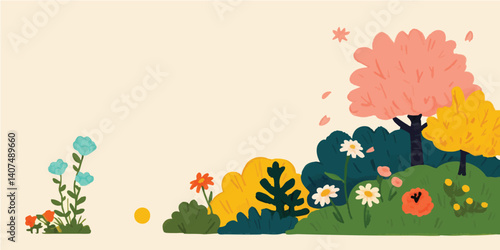 A delightful spring scene bursting with vibrant colors, featuring a cherry blossom tree, green bushes, and delicate wildflowers.  