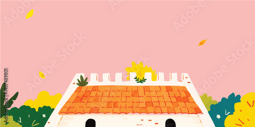 The rooftop and surrounding area, adorned with orange tiled roof and lively green shrubbery against a pastel pink sky. Illustrating serenity and peace of mind.