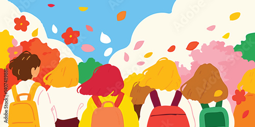 A group of young students with their vibrant hair and colorful backpacks happily explores the outside of a sunny day in the school area, against the bright colors of spring.