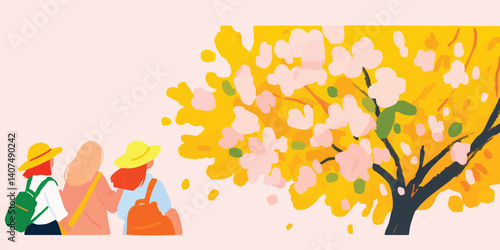Two figures stroll beneath the bloom of cherry blossom, enjoying a spring outing. A moment of serene delight in the great outdoors, captured in an illustration.