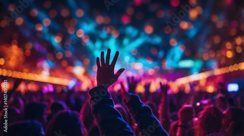 Immersive live music festival crowd at twilight — raised hands, lasers, and vibrant stage lights capturing energy and anticipation