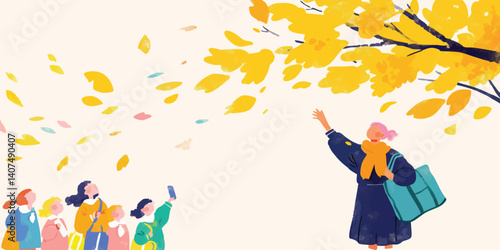 Young individuals admire vibrant, golden foliage in this illustration of autumn's beauty. Capturing the simple, yet charming, aspects of everyday life.