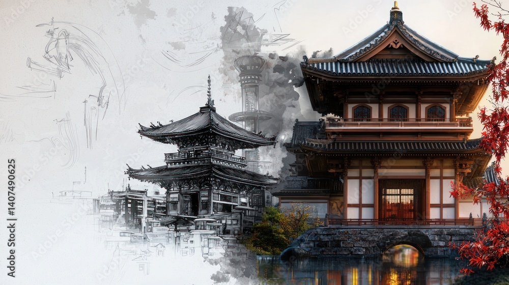 Sketch-to-photo of Japanese temple, autumn leaves, artistic fusion Sketch-to-photo of Japanese temple, autumn leaves, artistic fusion