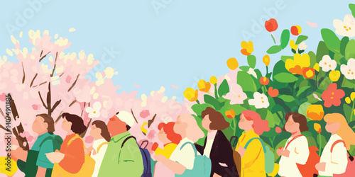A cheerful group of people stroll through a vibrant garden filled with cherry blossoms and colorful flowers, enjoying the beauty of spring.