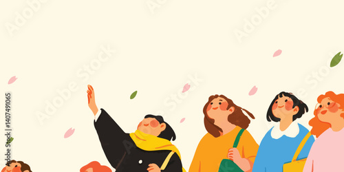 A group of joyful friends bask in the beauty of a blooming cherry blossom tree, their faces uplifted in wonder as delicate petals flutter around them.