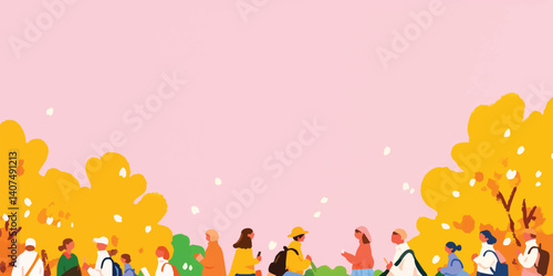 Autumn stroll in park with diverse group of people.