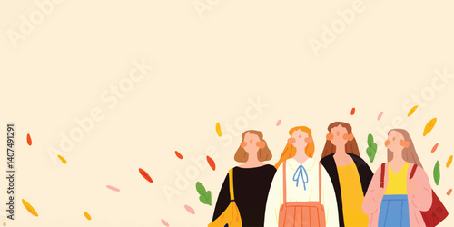 Four friends embark on a journey, their friendship celebrated amidst autumnal tones, illustrating the bonds of sisterhood. Capturing a heartwarming illustration.