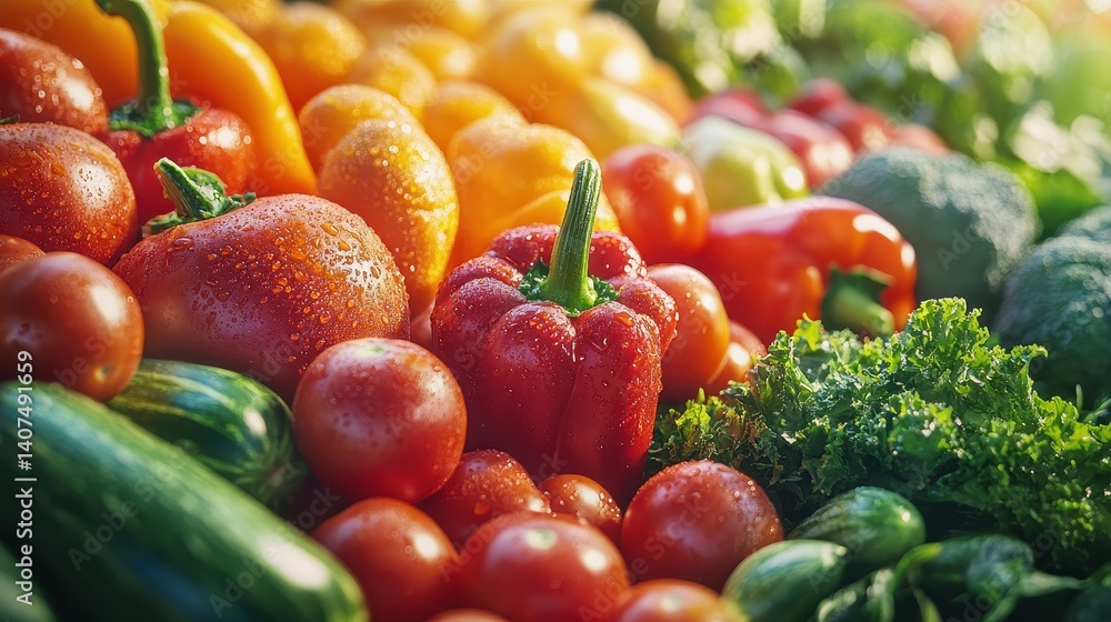 Variety of fresh vegetables - peppers, tomatoes, cucumbers, broccoli, and kale Variety of fresh vegetables - peppers, tomatoes, cucumbers, broccoli, and kale