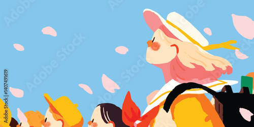 A group of cheerful students with bright yellow school uniforms, adorned with sailor hats, eagerly gaze up into the sky.