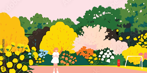 A whimsical illustration depicts a girl stands serenely in a colorful park setting. The illustration style exudes a sense of tranquility, complemented by the vibrant hues of the lush flora.