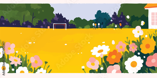 An illustration depicting a sunny soccer game. A vibrant illustration featuring children playing soccer in a yellow field, surrounded by colorful flowers and a picturesque landscape.