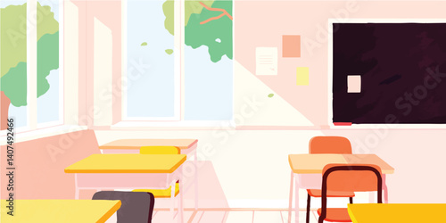 An inviting classroom, bathed in sunlight, awaits the promise of learning. Rows of desks sit prepared, ready for the day's lessons. The backdrop features a blackboard and a window to a tree. 
